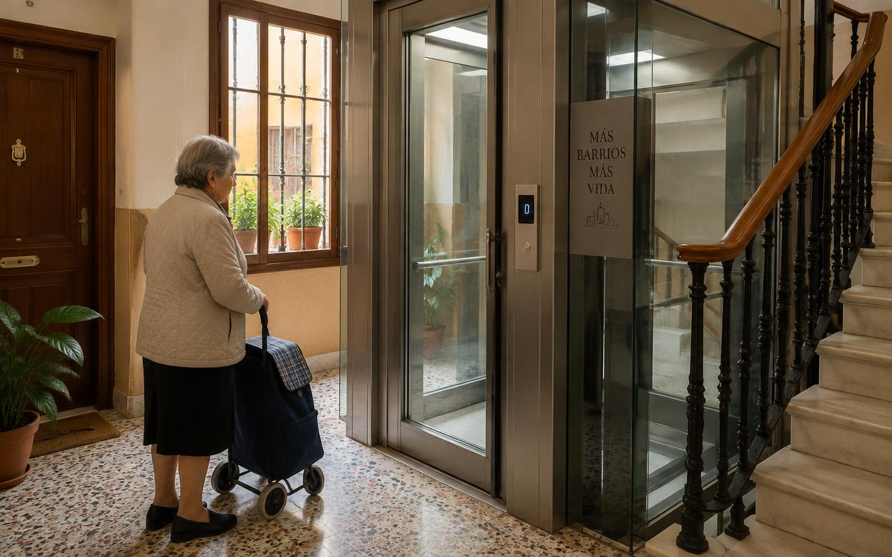 Vecina mayor con carro de la compra esperando ante un ascensor instalado en el portal de un edificio antiguo