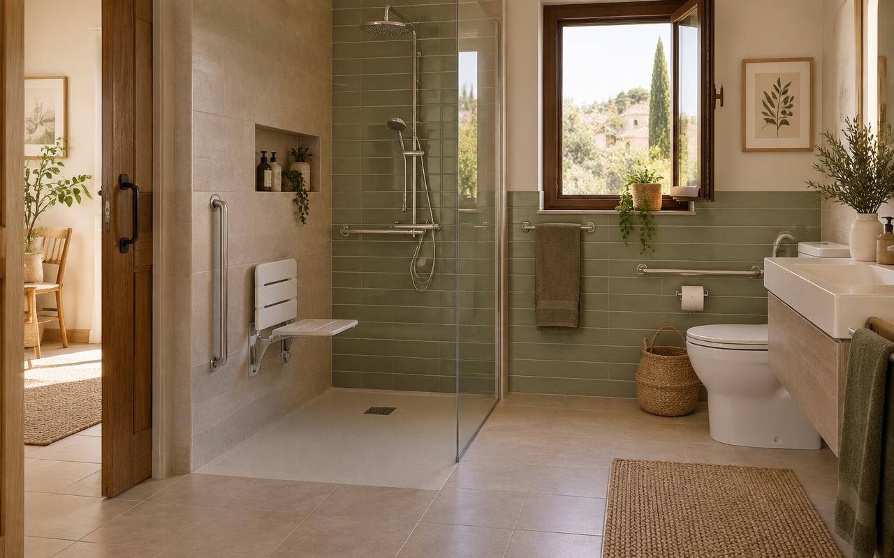 Baño adaptado con ducha a ras de suelo, asiento abatible, asideros y puerta ancha en una vivienda luminosa