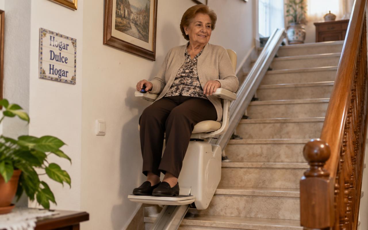 Mujer mayor sentada en una silla salvaescaleras instalada en la escalera recta de su casa