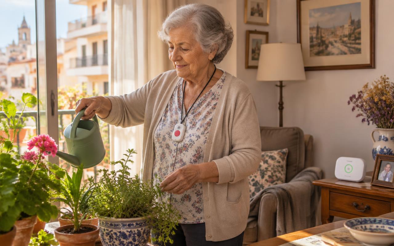Mujer mayor regando plantas en su casa con un botón de teleasistencia colgado del cuello y el equipo base sobre una mesita